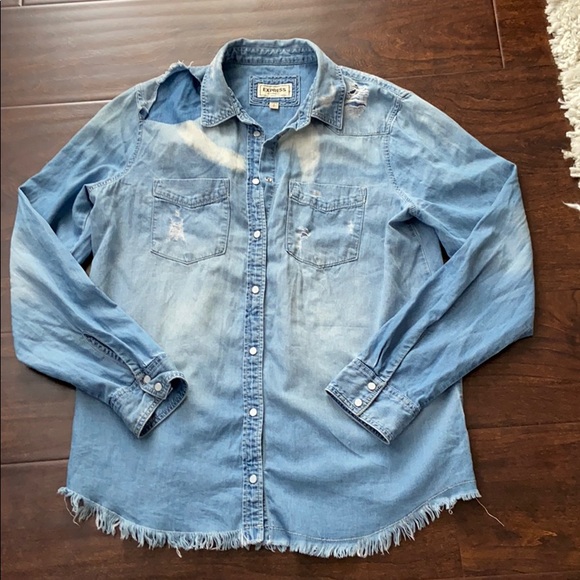Express Distressed Button Front BF Shirt - Picture 5 of 8